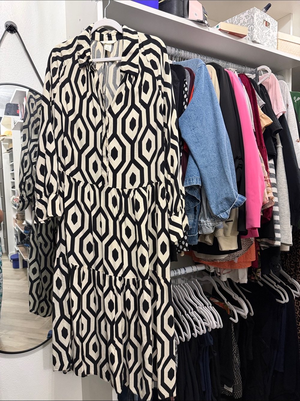 H&M Black and Cream Geometric Midi Dress